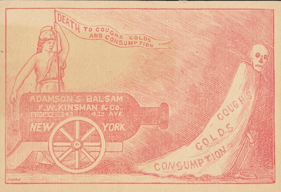 Trade card showing bottle of Adamson's Balsam positioned as cannon aimed at skeleton wearing cloak marked "Coughs Colds Consumption."