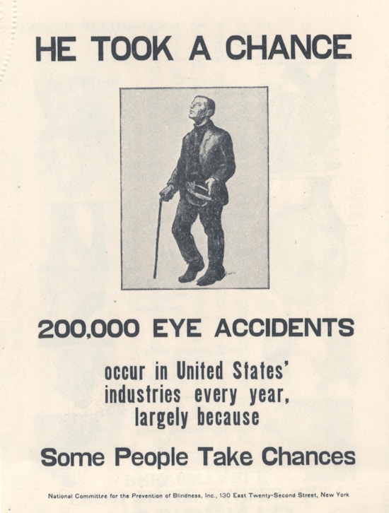 Poster showing blind man with cane, hat in hand.
