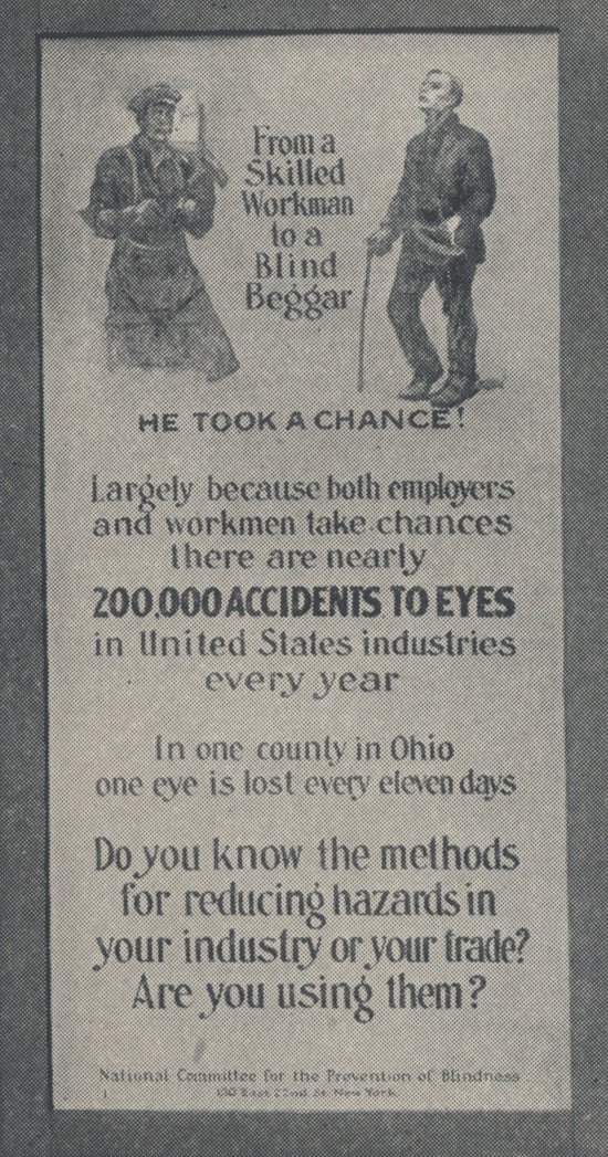 Poster showing sighted worker and blind man.