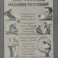 Poster showing a variety of dangers to eyesight in industrial work.