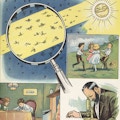 Images of the sun, children indoors and outdoors, microbes through a magnifying glass, and a man working at a microscope.