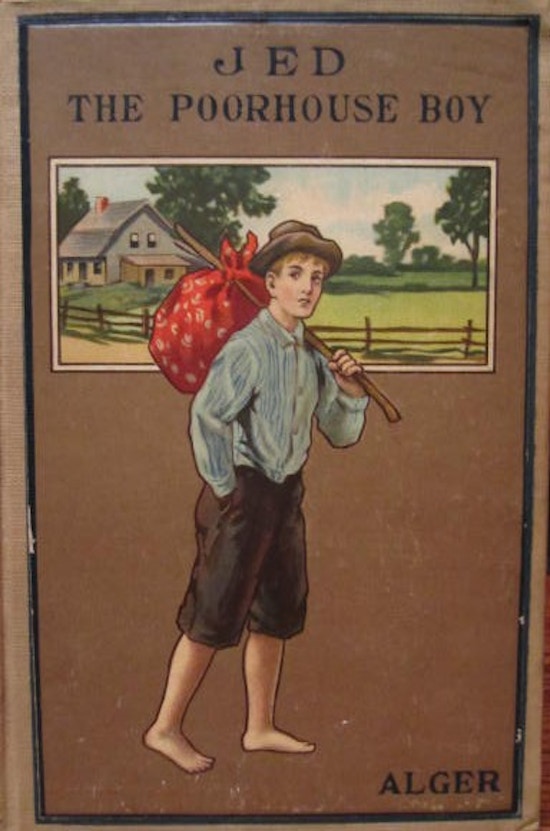 Barefoot boy carrying sack on a stick, farm house in the background.