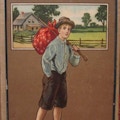 Barefoot boy carrying sack on a stick, farm house in the background.