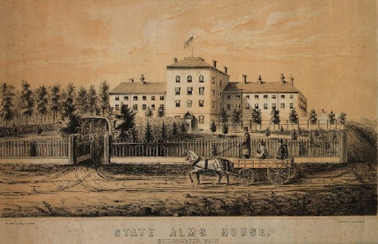 A horse drawn carriage carries a woman, child, and man to the gates of the Alms House.