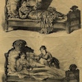 Two images - A woman lying in bed; the same woman lying in bed upright with table