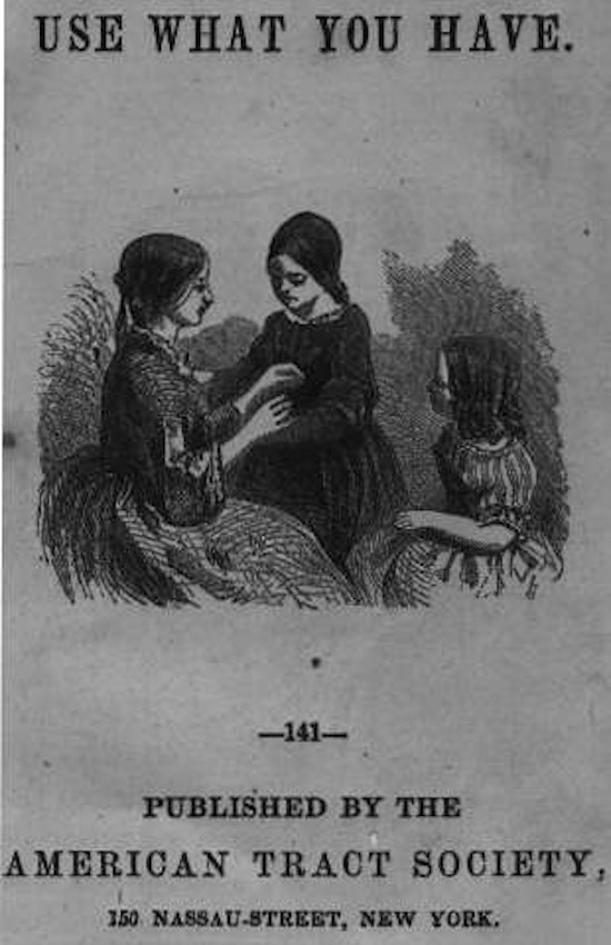 Title page from "Use What You Have."  A seated woman helps a girl fix her sleeves while another girl looks on.