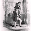 A boy with a hunched back is carried on the shoulders of another boy in front of a newstand.