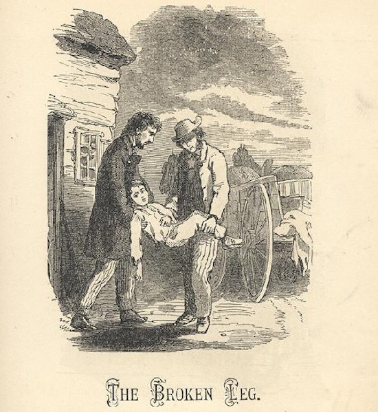 Two men carry a boy from wagon to house.