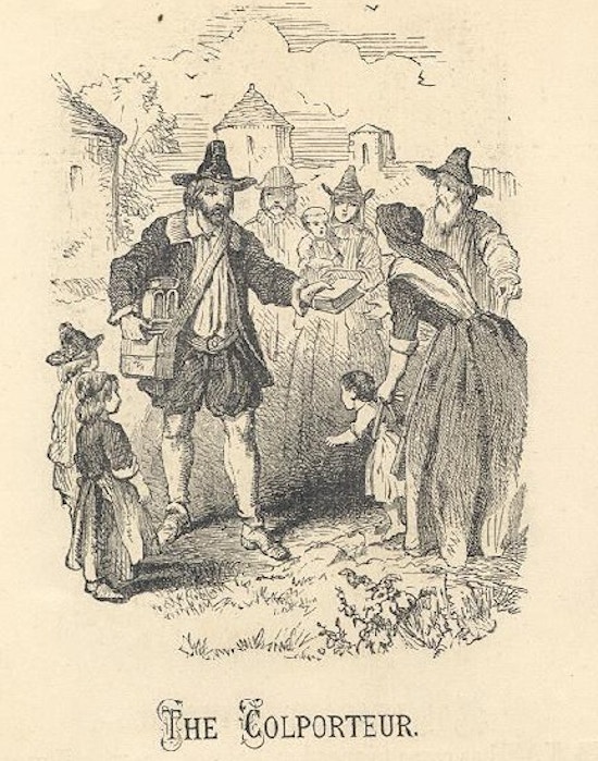 A Colporteur hands a book to a woman with a child