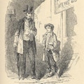 A man in a top hat talking with a newsboy.