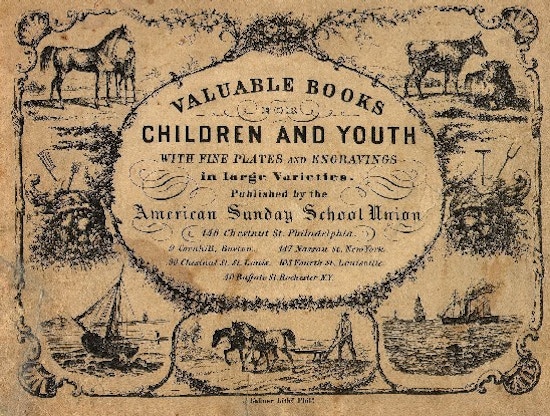 "Valuable Books for children and Youth..." surrounded by drawings of animals, boats and cornucopias