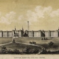 Long view of hospital from front; horse drawn carriage approaches