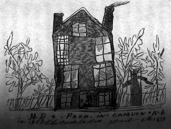 A child's drawing of of a fenced house and trees