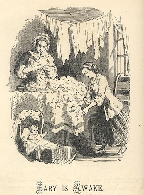 A woman tends to laundry while a baby wakens in a cradle.