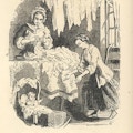 A woman tends to laundry while a baby wakens in a cradle.