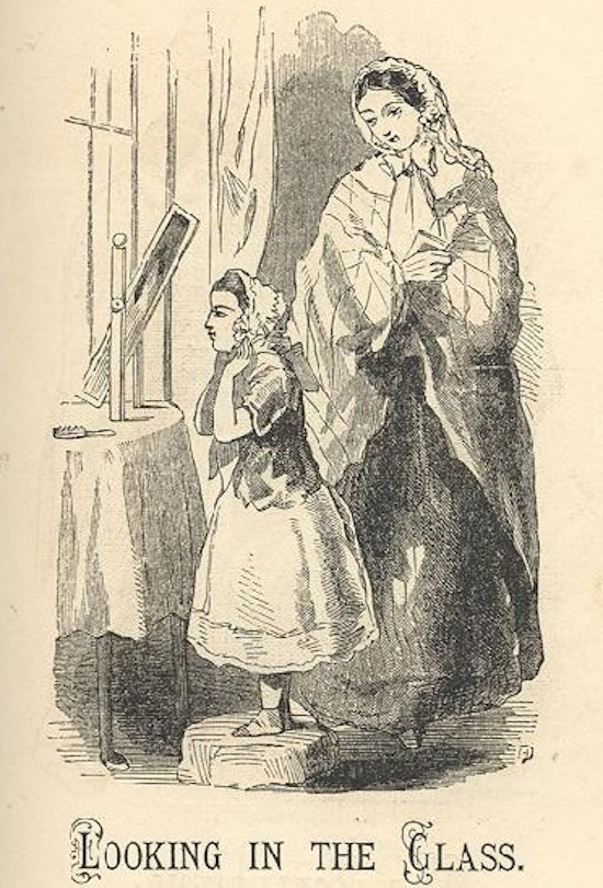 A woman watches as a girl in a bonnet looks into a mirror.