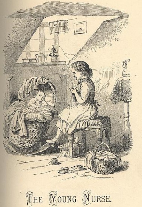 A girl knits while watching a baby in a cradle.