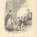 Women and children surround a basket of apples.