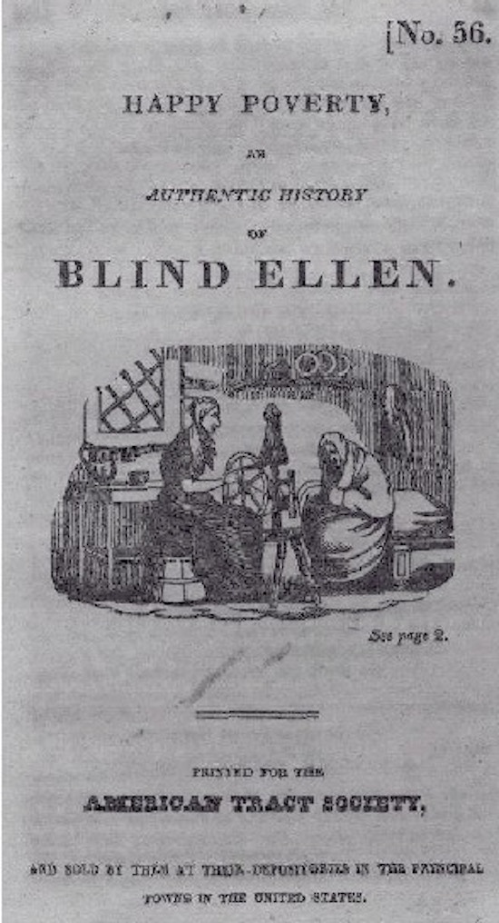 Title page of Happy Poverty; a lithograph of a woman with hair braided at a spinning wheel and another older woman in a shawl sitting on a bed