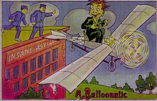 Color postcard cartoon depicts man flying an airplane away from a brick building labeled "Insane Asylum" while guards look on from the roof.