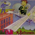 Color postcard cartoon depicts man flying an airplane away from a brick building labeled Insane Asylum while guards look on from the roof.