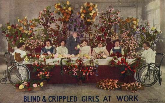 Color illustration shows seated women making flower arrangements at a long table.