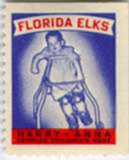 Stamp showing an infant using braces and a walker.
