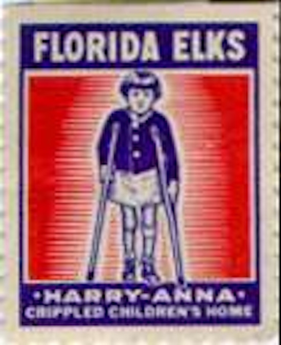Stamp showing a young girl using crutches.