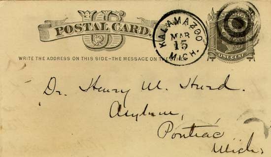 Handwritten postcard address- "Dr. Henry M. Hurd, Asylum, Pontiac, Michigan"