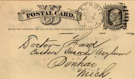 Handwritten postcard address- "Doctor Hurd, Eastern Insane Asylum, Pontiac, Mich."
