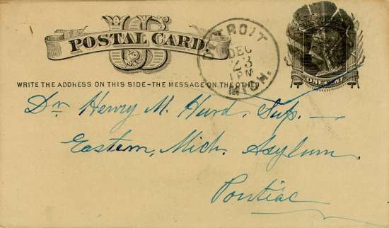 Handwritten postcard address - "Dr. Henry M. Hurd, Sup., Eastern Mich. Asylum, Pontiac"