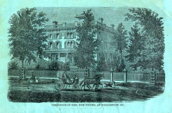 Illustration of Charles Stratton's residence; a horse drawn carriage in the foreground passes the gated mansion.
