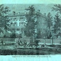 Illustration of Charles Stratton's residence; a horse drawn carriage in the foreground passes the gated mansion.