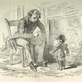 An illustration depicting an adult male lecturing Gen. Tom Thumb who is in uniform.