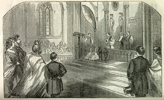 An illustration of the wedding ceremony inside of a church.