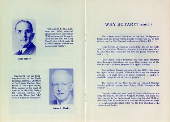 Page 4:  Photographs and brief bios of Harry Howett and James A. Hewitt who were both active in "Crippled Children movement" Page 5: Continues the story of the Rotary Club's work on behalf of Crippled Children.