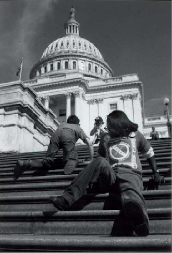 Two young people crawl up the steps of the Capitol Building.