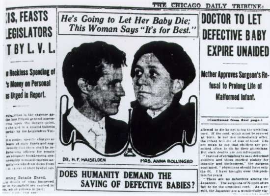 Photo of a newspaper article entitled "Doctor to Let Defective Baby Expire Unaided".