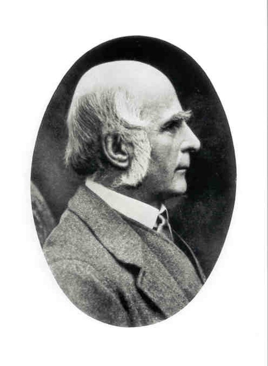 Portrait of Francis Galton.  Head and shoulders, right profile; in oval