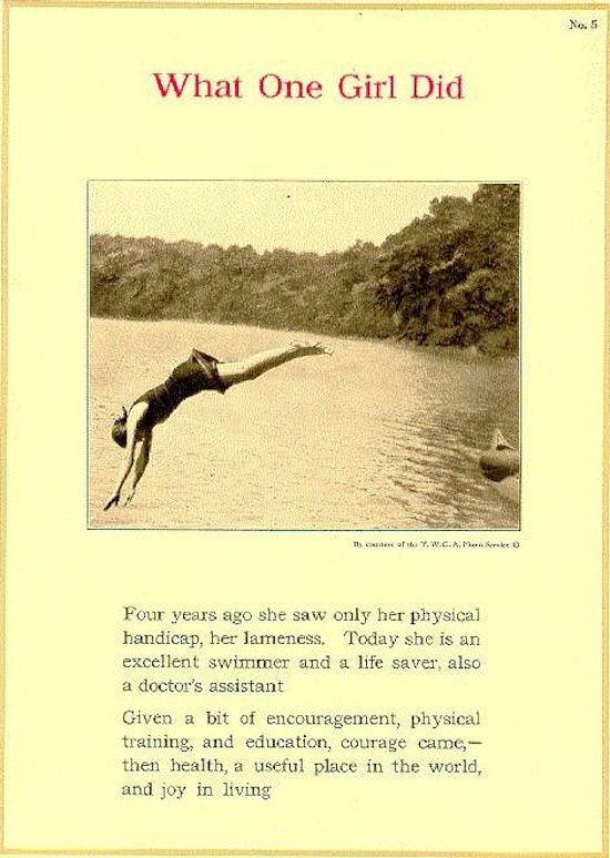 Girl diving off dock; message about overcoming disability.