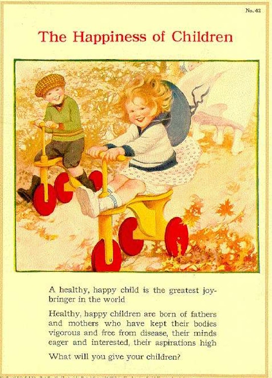 Painting of two healthy-looking children riding tricycles; message about importance of passing good traits on to your children.