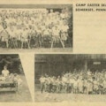 Two large group photographs of campers; one small group photo of campers doing activities at an outside table