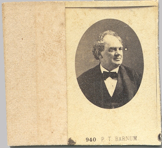Bust view photo of Barnum on an uncut print sheet.