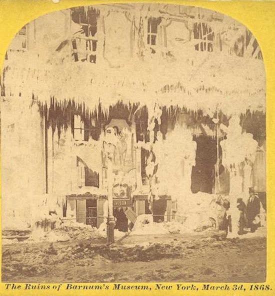 Two frontal views of the ruins of Barnum's Museum.