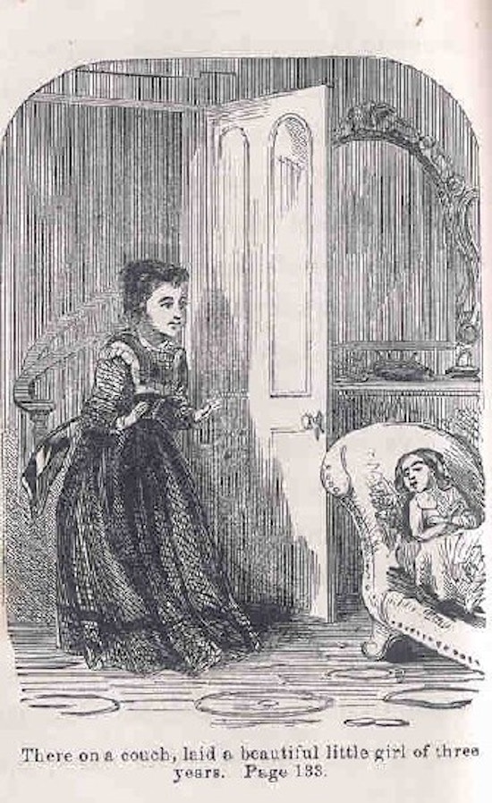 A young woman sees a small girl on a couch.