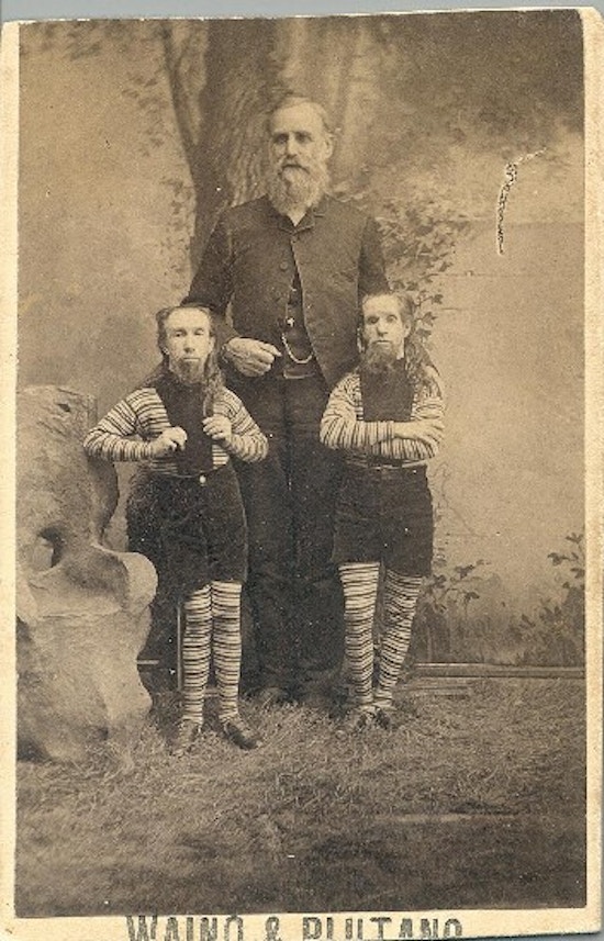 An average-sized man stands between two short-statured men with long hair and beards.