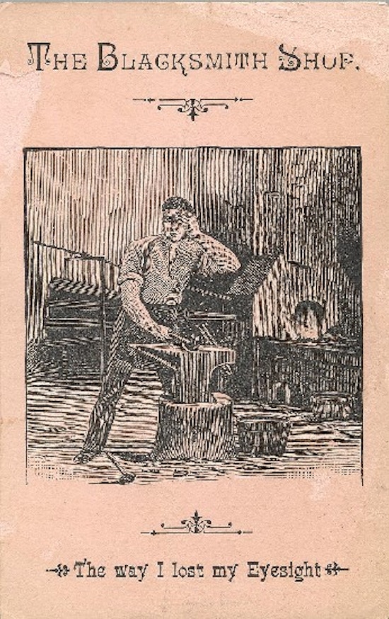 An engraving of a blacksmith working at an anvil.  One hand covers an eye.