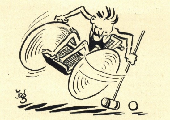 A cartoon of a man in a wheelchair in motion hitting a ball with a polo mallet.