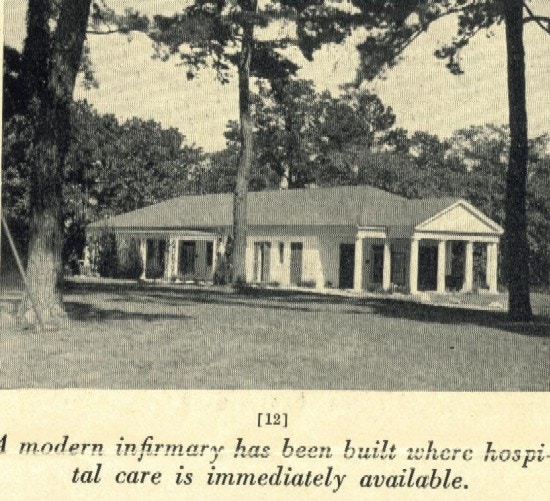 A single-storied building surrounded by trees.