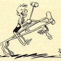 A cartoon of a man riding a crutch that looks like a horse.